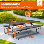 Maße einer 3-teiligen Bierzeltgarnitur aus Polyrattan: Tisch 180×75×75 cm, Bänke je 180×30×44 cm – extrem belastbar, Tisch bis 120 kg, Bank bis 500 kg