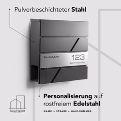 USP2_1.jpg Personalisierter Briefkasten aus pulverbeschichtetem Stahl mit gravierter Edelstahlfront – individuelle Gravur von Name, Straße und Hausnummer möglich