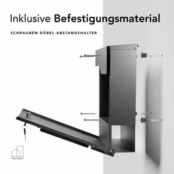 USP5.jpg Montageansicht eines Briefkastens inklusive Befestigungsmaterial – Wandmontage mit Schrauben, Dübeln und Abstandshaltern, aufgeklappte Frontklappe mit Schloss